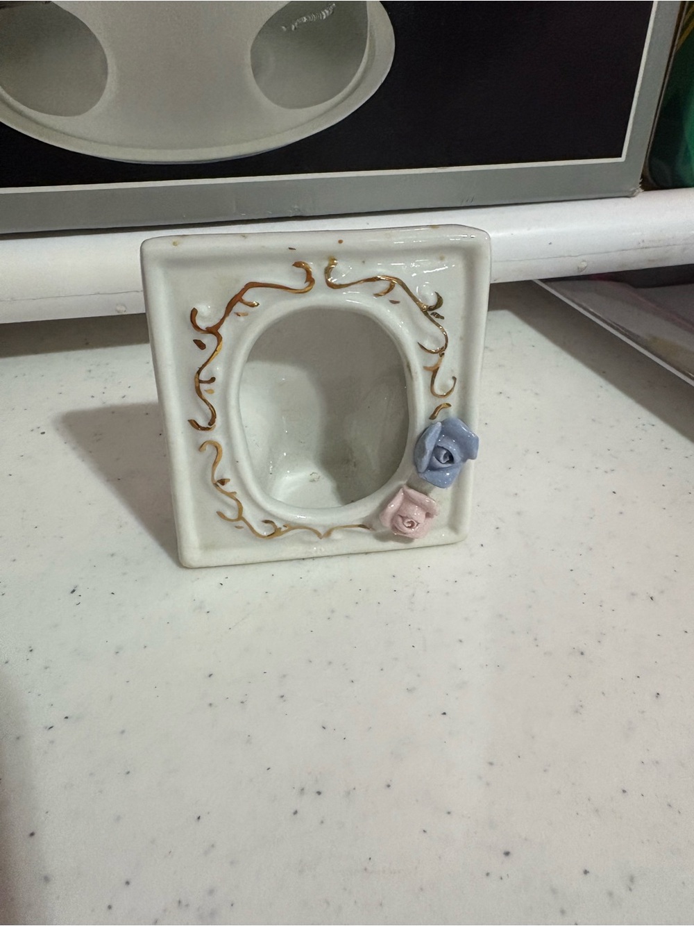 Decorative minature  White Ceramic Frame with Pastel Rose Accents